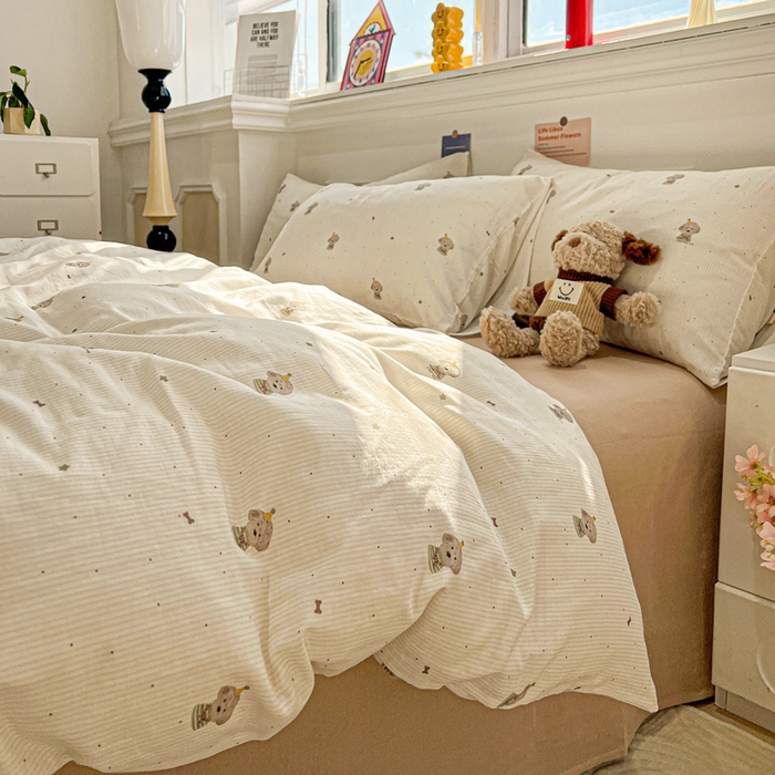 91家纺网 家纺一手货源 找家纺 亿梵家居 2026新款A类母婴级有氧纯棉印花双面全棉双层纱四件套-床拍图柯基