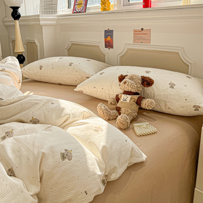 91家纺网 家纺一手货源 找家纺 亿梵家居 2026新款A类母婴级有氧纯棉印花双面全棉双层纱四件套-床拍图柯基