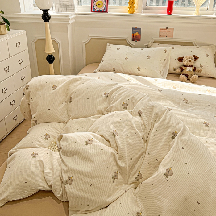 91家纺网 家纺一手货源 找家纺 亿梵家居 2026新款A类母婴级有氧纯棉印花双面全棉双层纱四件套-床拍图柯基