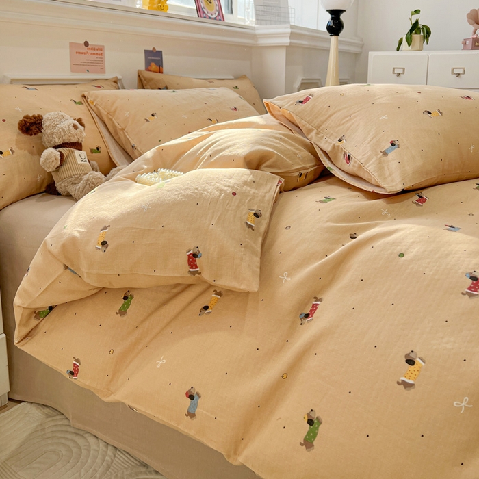 91家纺网 家纺一手货源 找家纺 亿梵家居 2026新款A类母婴级有氧纯棉印花双面全棉双层纱四件套-床拍图腊肠狗-咖