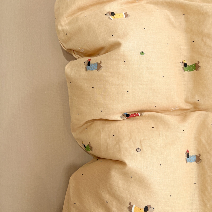 亿梵家居 2026新款A类母婴级有氧纯棉印花双面全棉双层纱四件套-床拍图腊肠狗-咖