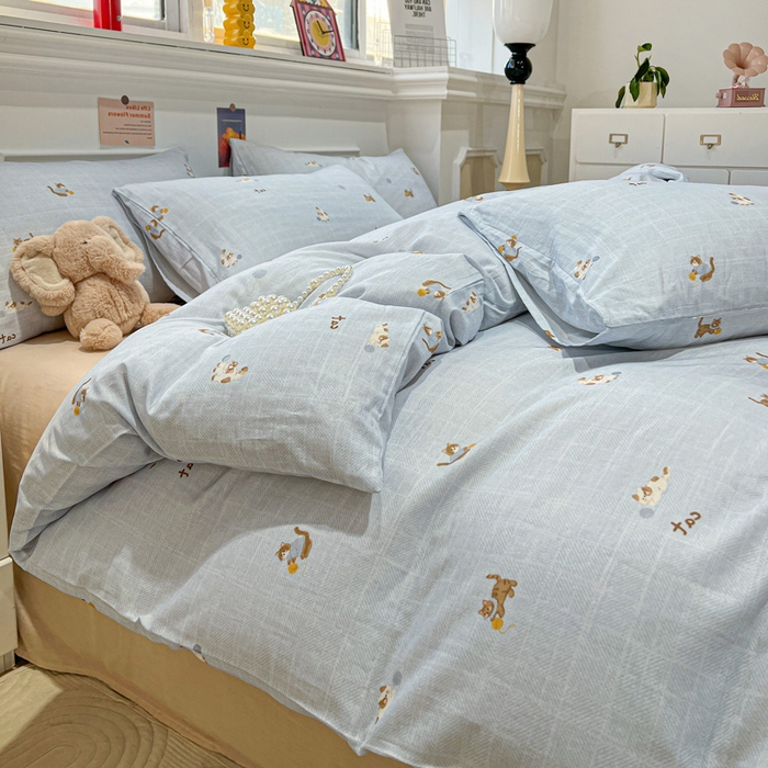 91家纺网 家纺一手货源 找家纺 亿梵家居 2026新款A类母婴级有氧纯棉印花双面全棉双层纱四件套-床拍图猫咪绣球