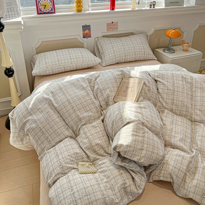 91家纺网 家纺一手货源 找家纺 亿梵家居 2026新款A类母婴级有氧纯棉印花双面全棉双层纱四件套-床拍图浅韵