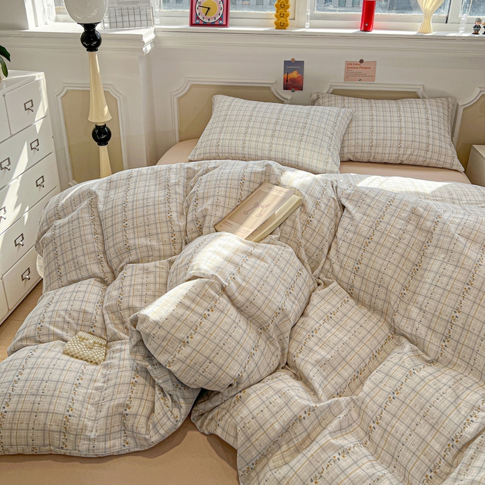 91家纺网 家纺一手货源 找家纺 亿梵家居 2026新款A类母婴级有氧纯棉印花双面全棉双层纱四件套-床拍图浅韵