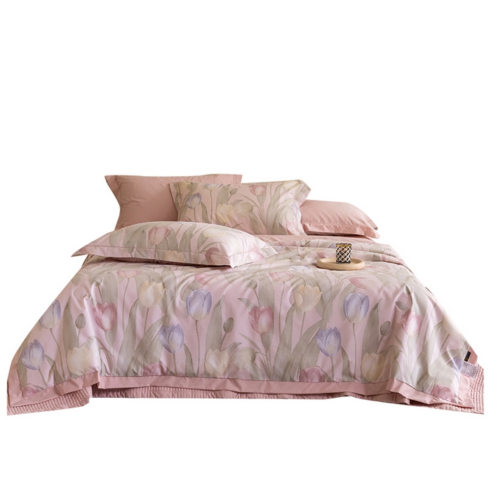 91家纺网 家纺一手货源 找家纺 立奥被业 2026新品冰丝棉夏被四件套竹节纱夏被四件套 翠袖黄冠-粉