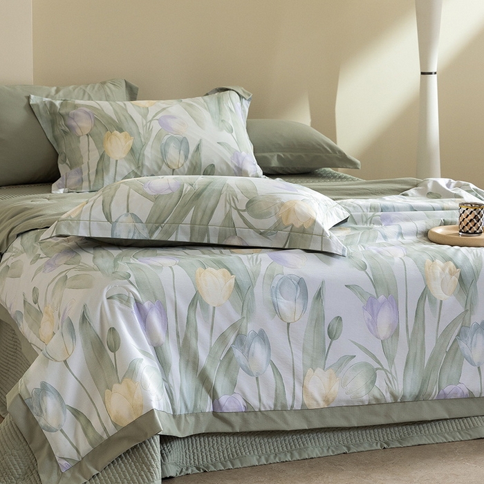 91家纺网 家纺一手货源 找家纺 立奥被业 2026新品冰丝棉夏被四件套竹节纱夏被四件套 翠袖黄冠-绿