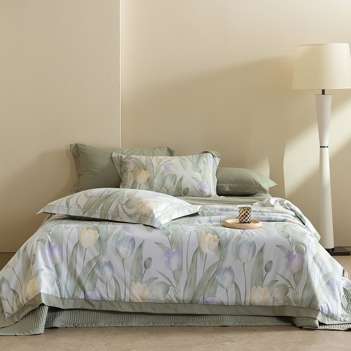 91家纺网 家纺一手货源 找家纺 立奥被业 2026新品冰丝棉夏被四件套竹节纱夏被四件套 翠袖黄冠-绿