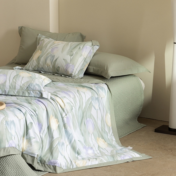 91家纺网 家纺一手货源 找家纺 立奥被业 2026新品冰丝棉夏被四件套竹节纱夏被四件套 翠袖黄冠-绿