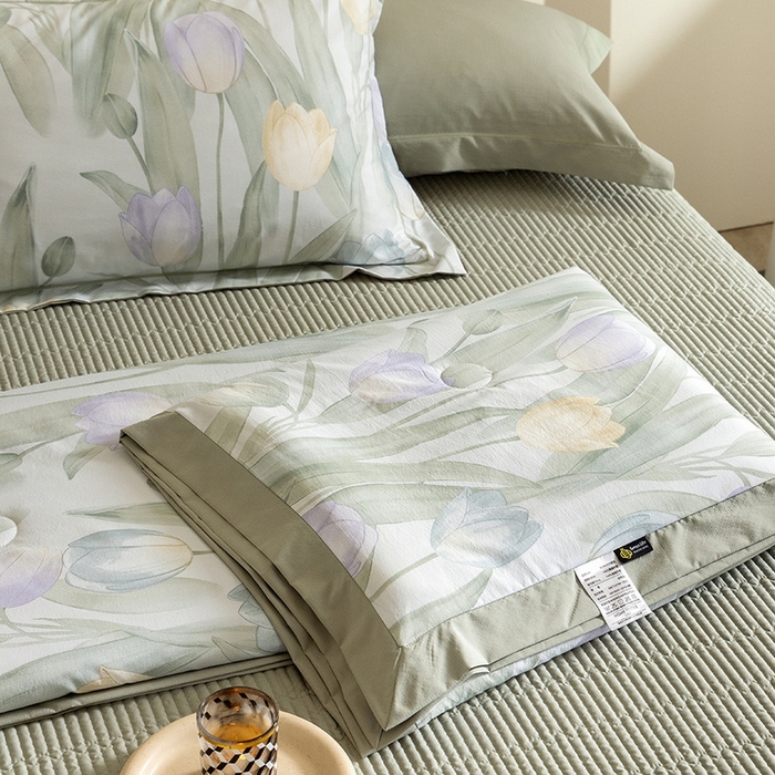 91家纺网 家纺一手货源 找家纺 立奥被业 2026新品冰丝棉夏被四件套竹节纱夏被四件套 翠袖黄冠-绿