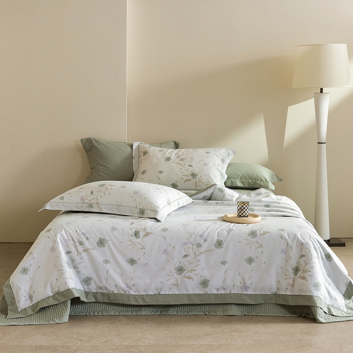 91家纺网 家纺一手货源 找家纺 立奥被业 2026新品冰丝棉夏被四件套竹节纱夏被四件套 翠韵春晓-绿