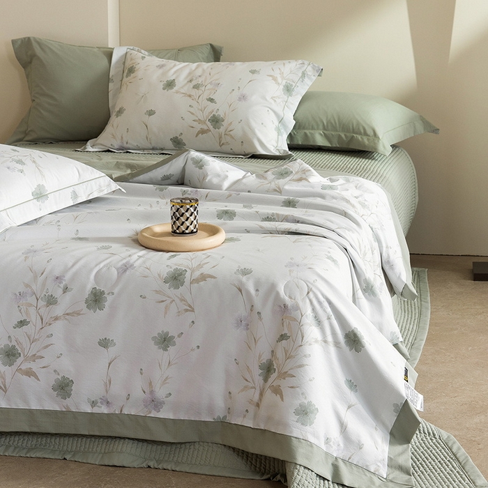 91家纺网 家纺一手货源 找家纺 立奥被业 2026新品冰丝棉夏被四件套竹节纱夏被四件套 翠韵春晓-绿