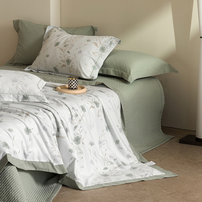 91家纺网 家纺一手货源 找家纺 立奥被业 2026新品冰丝棉夏被四件套竹节纱夏被四件套 翠韵春晓-绿