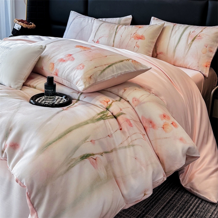 优贝家纺 2026新款100%莱赛尔天丝面料数码印花四件套 粉色竹花