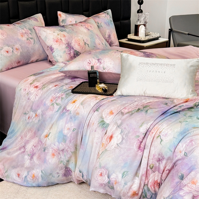 91家纺网 家纺一手货源 找家纺 优贝家纺 2026新款100%莱赛尔天丝面料数码印花四件套 粉红桃花