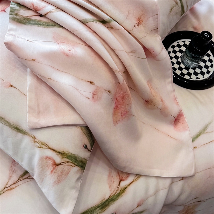 91家纺网 家纺一手货源 找家纺 优贝家纺 2026新款100%莱赛尔天丝面料数码印花四件套 粉色竹花