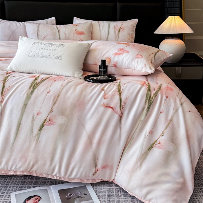 91家纺网 家纺一手货源 找家纺 优贝家纺 2026新款100%莱赛尔天丝面料数码印花四件套 粉色竹花