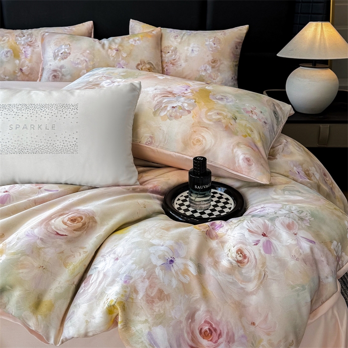 91家纺网 家纺一手货源 找家纺 优贝家纺 2026新款100%莱赛尔天丝面料数码印花四件套 春色满园