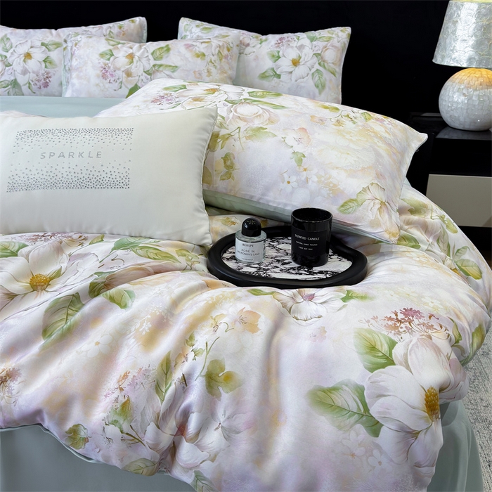 91家纺网 家纺一手货源 找家纺 优贝家纺 2026新款100%莱赛尔天丝面料数码印花四件套 花开富贵