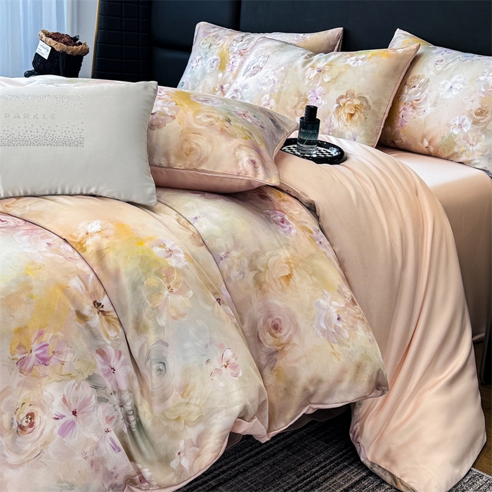 91家纺网 家纺一手货源 找家纺 优贝家纺 2026新款100%莱赛尔天丝面料数码印花四件套 春色满园