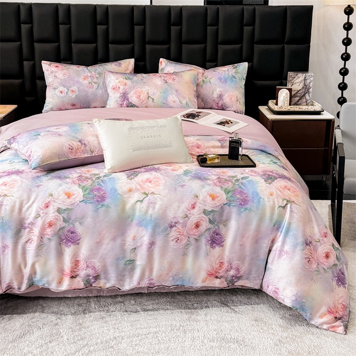 91家纺网 家纺一手货源 找家纺 优贝家纺 2026新款100%莱赛尔天丝面料数码印花四件套 粉红桃花