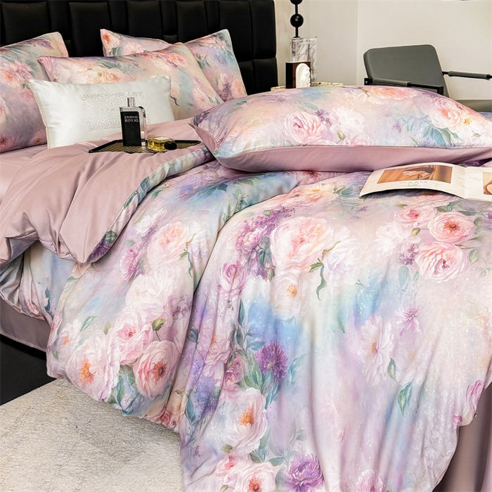 91家纺网 家纺一手货源 找家纺 优贝家纺 2026新款100%莱赛尔天丝面料数码印花四件套 粉红桃花