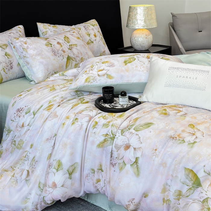 91家纺网 家纺一手货源 找家纺 优贝家纺 2026新款100%莱赛尔天丝面料数码印花四件套 花开富贵