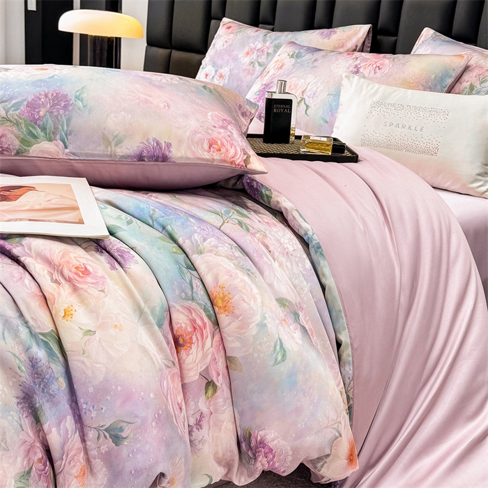 91家纺网 家纺一手货源 找家纺 优贝家纺 2026新款100%莱赛尔天丝面料数码印花四件套 粉红桃花