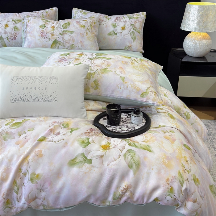 91家纺网 家纺一手货源 找家纺 优贝家纺 2026新款100%莱赛尔天丝面料数码印花四件套 花开富贵