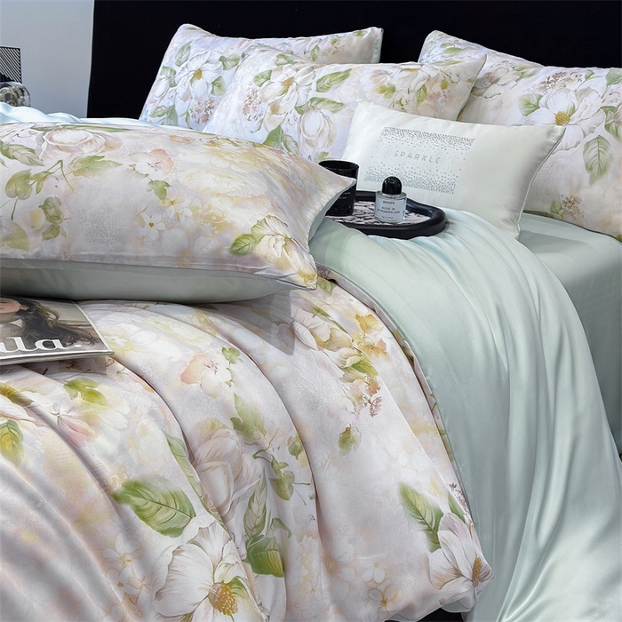 91家纺网 家纺一手货源 找家纺 优贝家纺 2026新款100%莱赛尔天丝面料数码印花四件套 花开富贵