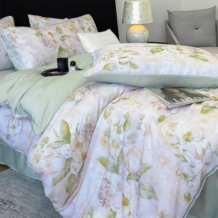 91家纺网 家纺一手货源 找家纺 优贝家纺 2026新款100%莱赛尔天丝面料数码印花四件套 花开富贵