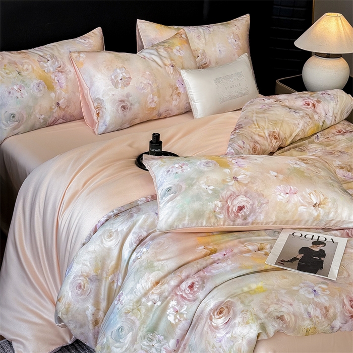 91家纺网 家纺一手货源 找家纺 优贝家纺 2026新款100%莱赛尔天丝面料数码印花四件套 春色满园