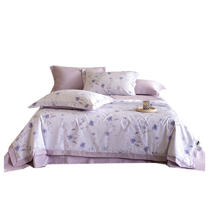 91家纺网 家纺一手货源 找家纺 立奥被业 2026新品冰丝棉夏被四件套竹节纱夏被四件套 翠韵春晓-紫