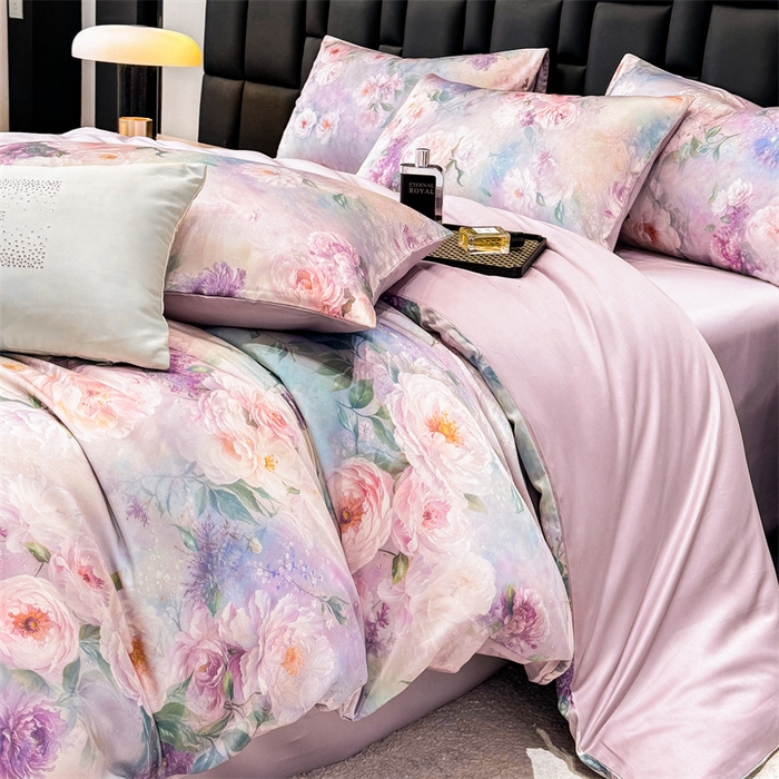 91家纺网 家纺一手货源 找家纺 优贝家纺 2026新款100%莱赛尔天丝面料数码印花四件套 粉红桃花