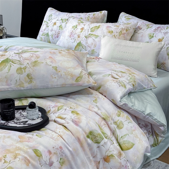 91家纺网 家纺一手货源 找家纺 优贝家纺 2026新款100%莱赛尔天丝面料数码印花四件套 花开富贵