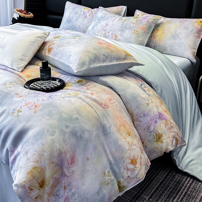 优贝家纺 2026新款100%莱赛尔天丝面料数码印花四件套 蓝花遍地