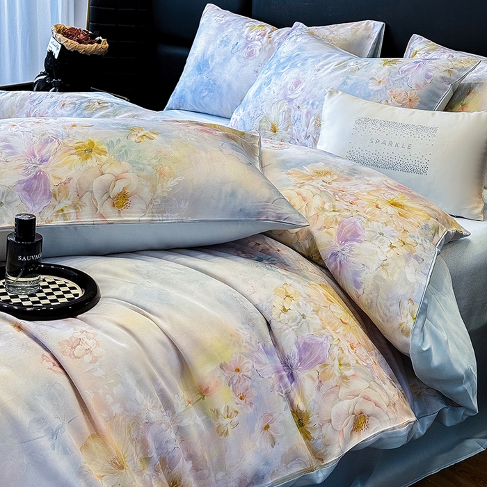 91家纺网 家纺一手货源 找家纺 优贝家纺 2026新款100%莱赛尔天丝面料数码印花四件套 蓝花遍地