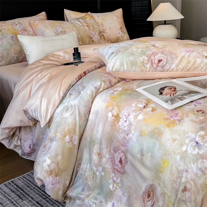 91家纺网 家纺一手货源 找家纺 优贝家纺 2026新款100%莱赛尔天丝面料数码印花四件套 春色满园