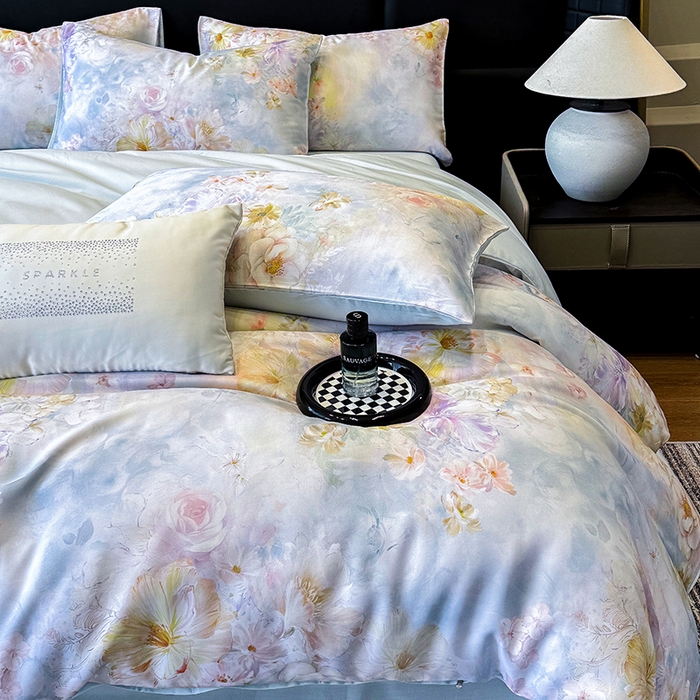 91家纺网 家纺一手货源 找家纺 优贝家纺 2026新款100%莱赛尔天丝面料数码印花四件套 蓝花遍地