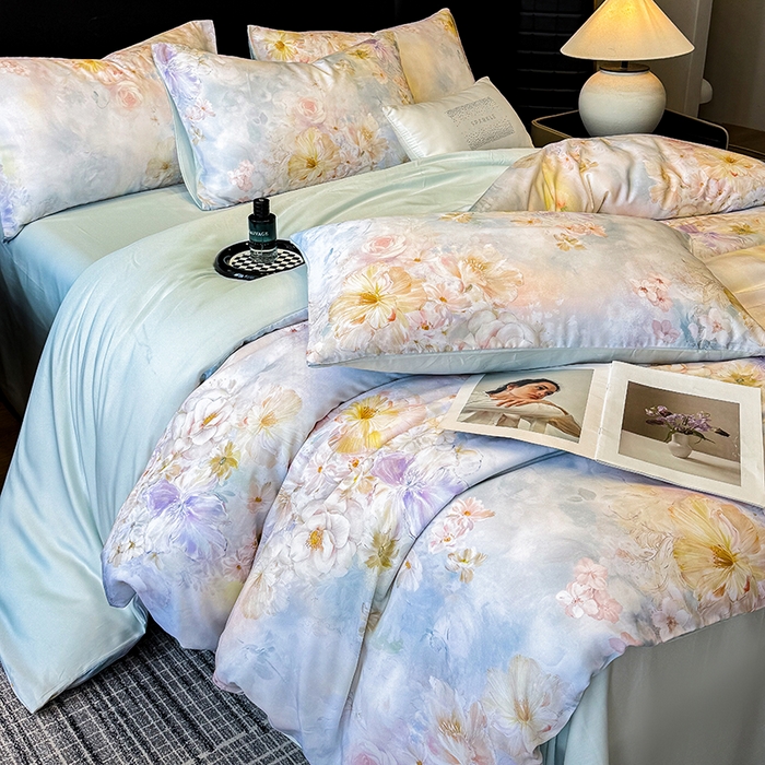 91家纺网 家纺一手货源 找家纺 优贝家纺 2026新款100%莱赛尔天丝面料数码印花四件套 蓝花遍地