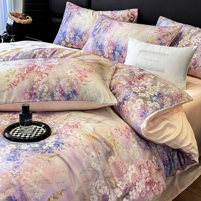 91家纺网 家纺一手货源 找家纺 优贝家纺 2026新款100%莱赛尔天丝面料数码印花四件套 紫花遍地