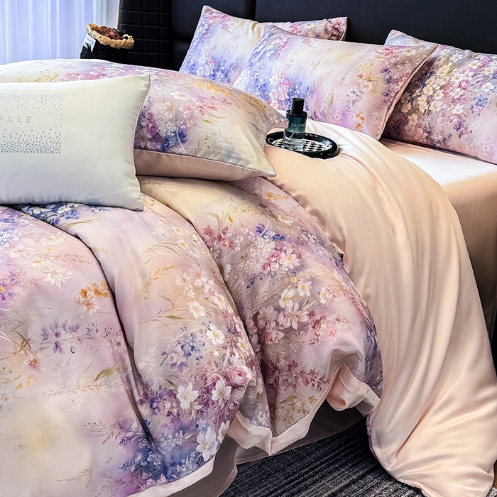 91家纺网 家纺一手货源 找家纺 优贝家纺 2026新款100%莱赛尔天丝面料数码印花四件套 紫花遍地