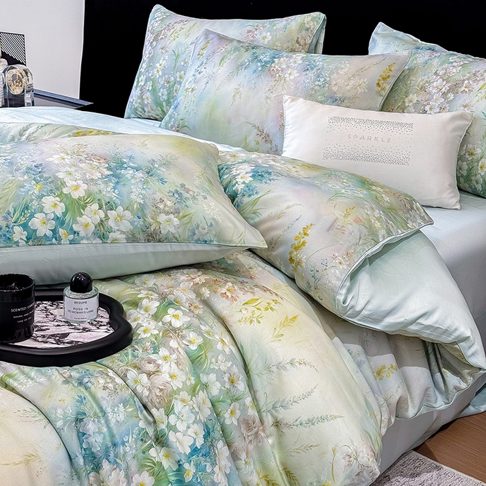 91家纺网 家纺一手货源 找家纺 优贝家纺 2026新款100%莱赛尔天丝面料数码印花四件套 花花世界