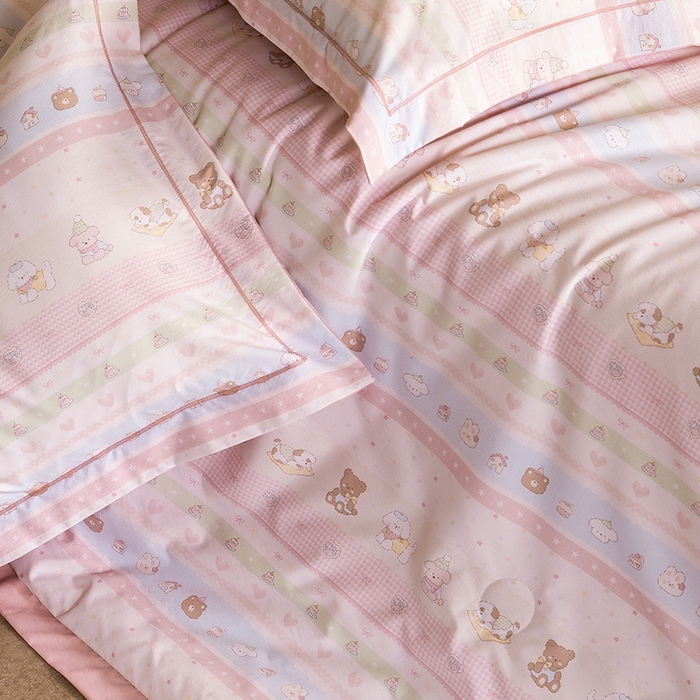 91家纺网 家纺一手货源 找家纺 立奥被业 2026新品冰丝棉夏被四件套竹节纱夏被四件套 动物乐园-粉