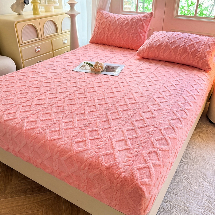 91家纺网 家纺一手货源 找家纺 沐珩家纺 2026新款亲肤舒适加厚保暖塔芙绒系列单品床笠 樱花粉