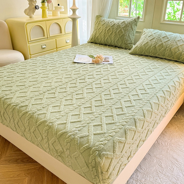 91家纺网 家纺一手货源 找家纺 沐珩家纺 2026新款亲肤舒适加厚保暖塔芙绒系列单品床笠 香草绿