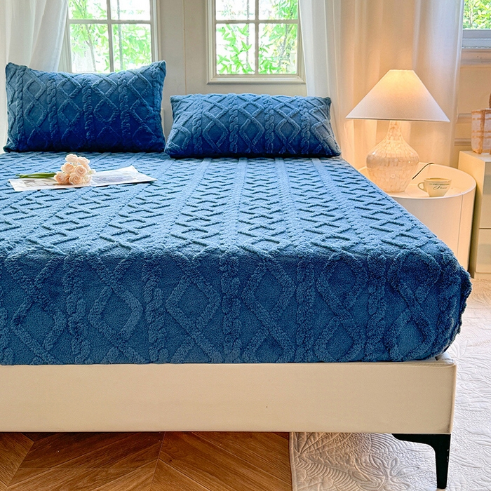 91家纺网 家纺一手货源 找家纺 沐珩家纺 2026新款亲肤舒适加厚保暖塔芙绒系列单品床笠 莱茵蓝