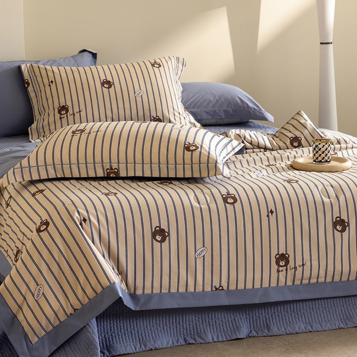 91家纺网 家纺一手货源 找家纺 立奥被业 2026新品冰丝棉夏被四件套竹节纱夏被四件套 欢乐熊宝-蓝