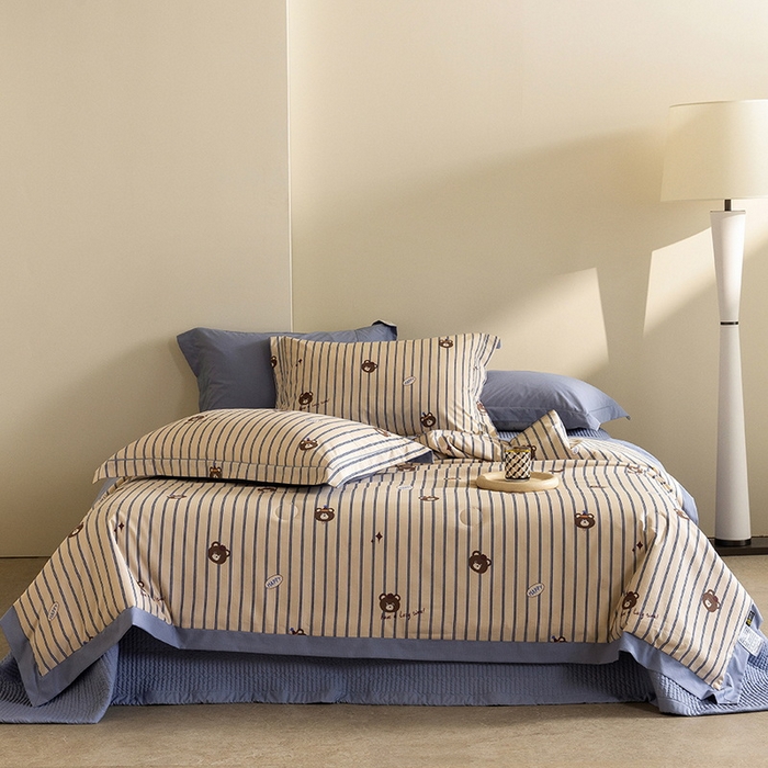 91家纺网 家纺一手货源 找家纺 立奥被业 2026新品冰丝棉夏被四件套竹节纱夏被四件套 欢乐熊宝-蓝