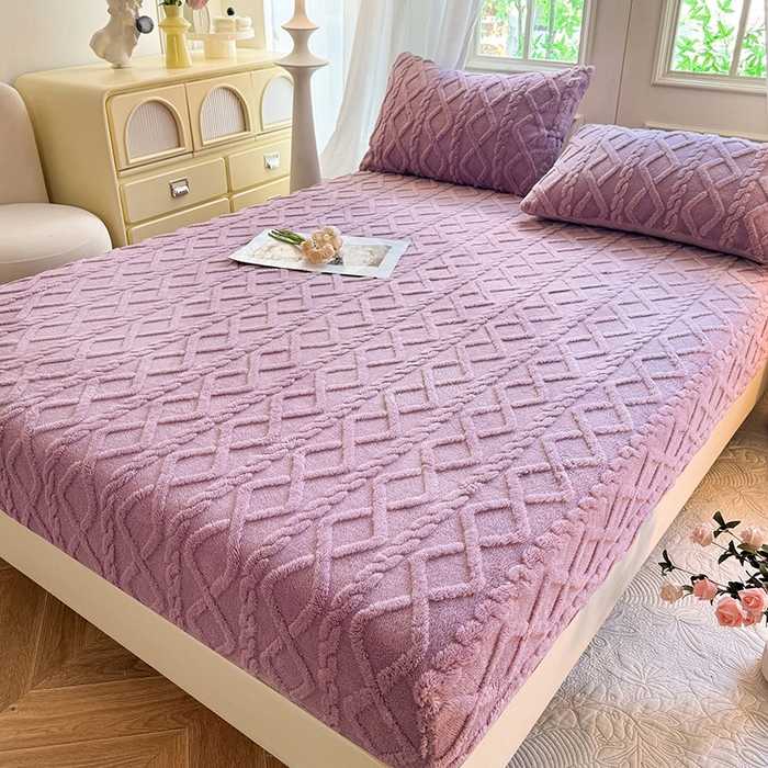 91家纺网 家纺一手货源 找家纺 沐珩家纺 2026新款亲肤舒适加厚保暖塔芙绒系列单品床笠 丁香紫