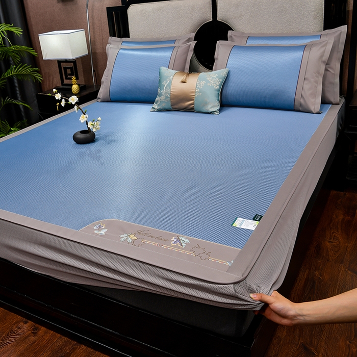 小牛席业 2026新款小千鸟格枫叶款（床笠款）抗菌席凉席藤席冰藤席冰丝席草席竹席乳胶席凉感豆豆席 小千鸟格-枫叶抗菌席（床笠款）蓝色